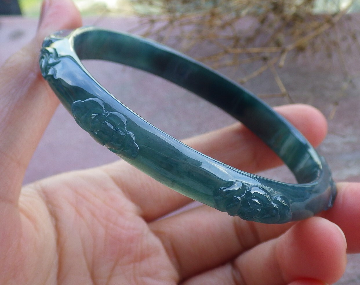 Video Certified Green A JADE Jadeite Flower Bird Bangle Bracelet 61mm 666113