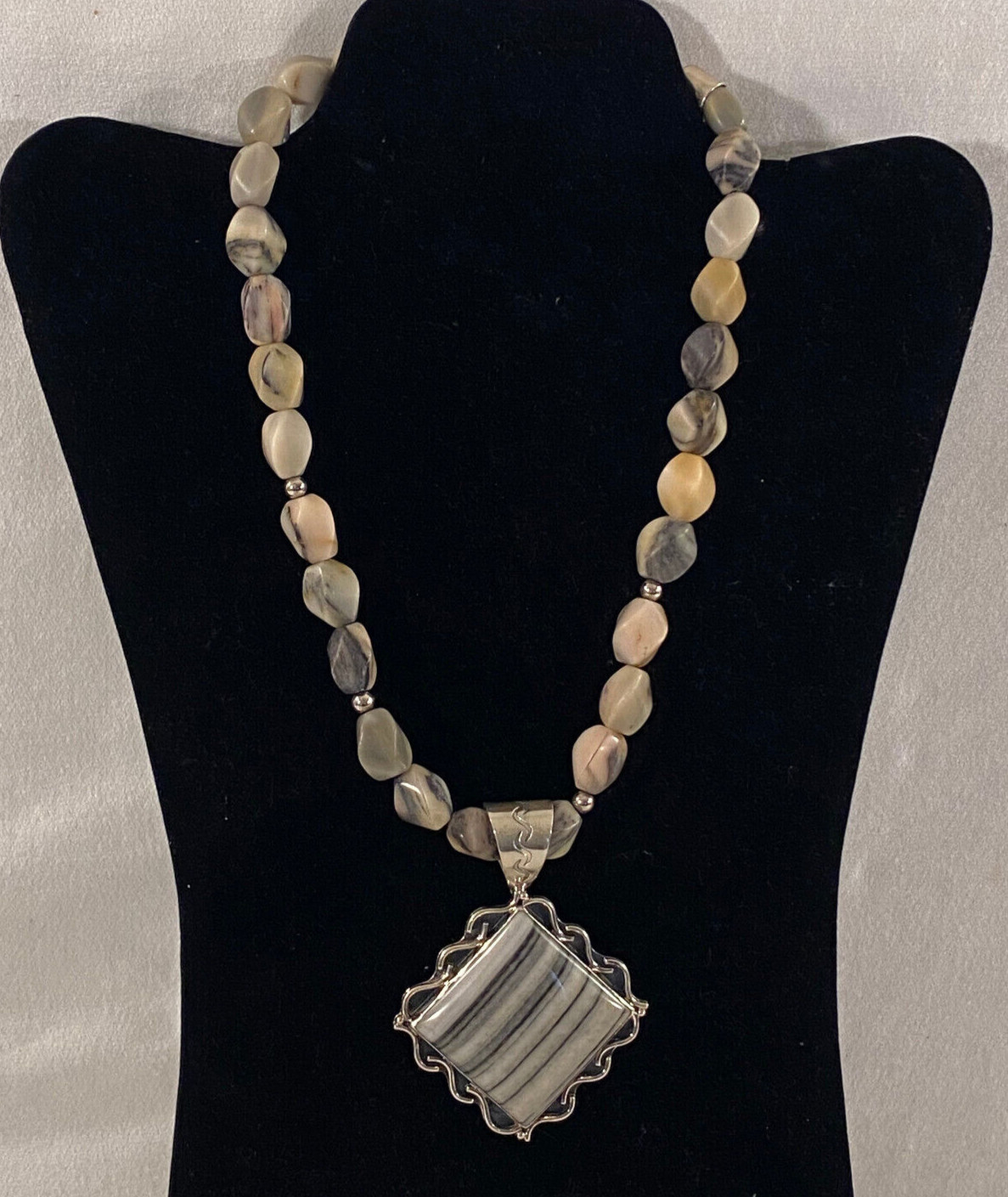 Mine Finds Jay King Gray White Black Stone Necklace + Sterling Pendant