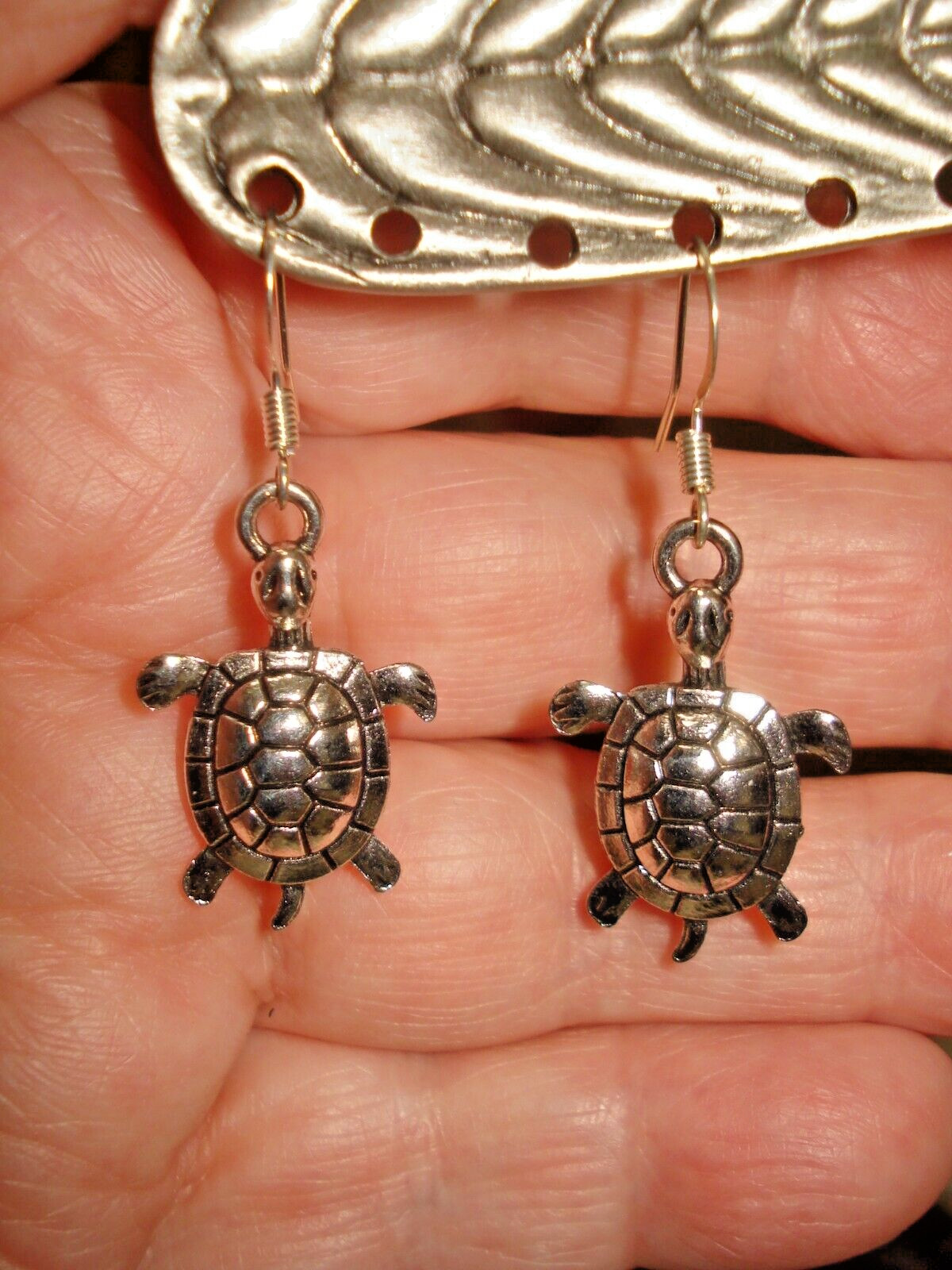 1 5/8″ Drop Dangle Turtle Silver Plated Earrings on SP Earwires