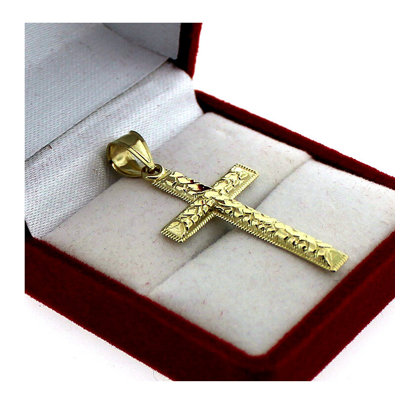 Mens Real 10K Yellow Gold Cross Pendant Diamond Cut Gold Crucifix Charm Nugget