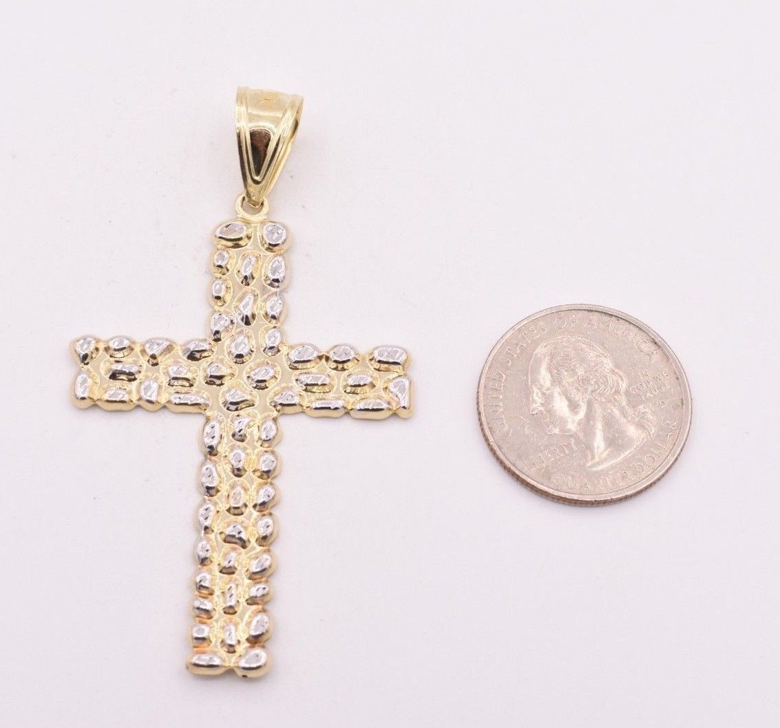 2 3/4″ Big Nugget Textured Cross Pendant Charm Real 10K Yellow White Gold