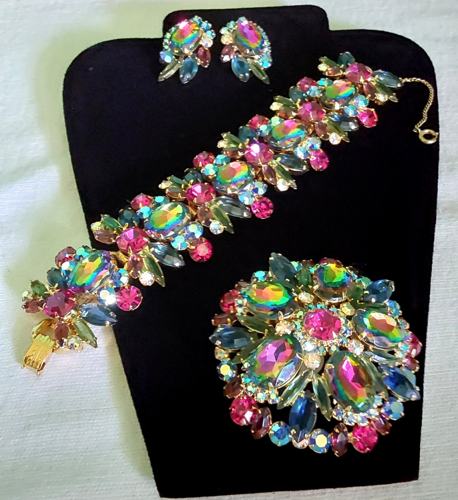 Juliana Rhinestone BRACELET BROOCH EARRING SET Book Pcs Watermelon Vitrail Rare