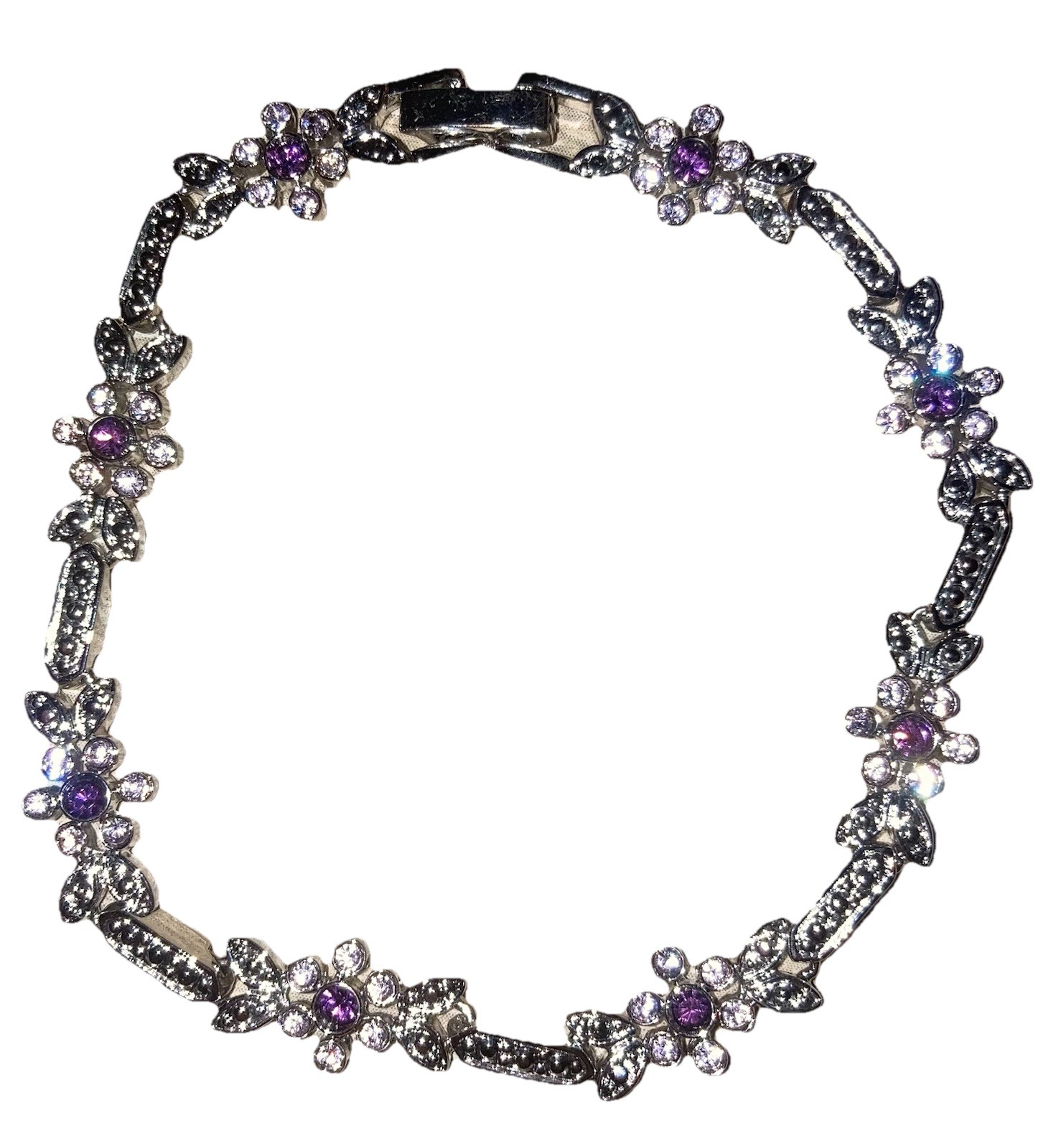 Floral Silver Colored Tennis Bracelet with Purple Round Stones