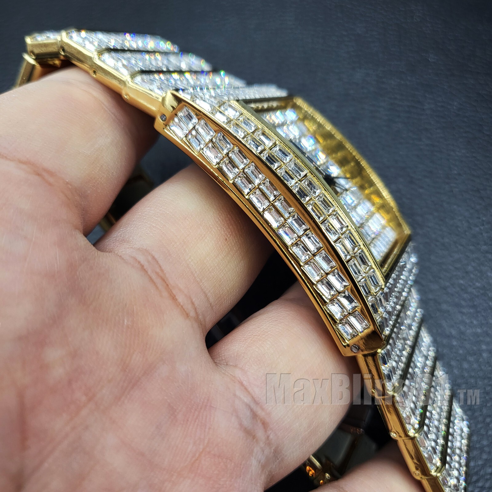 Men Full Iced Baguette Simulated Diamond Gold Silver Finish Hip Hop Metal Watch
