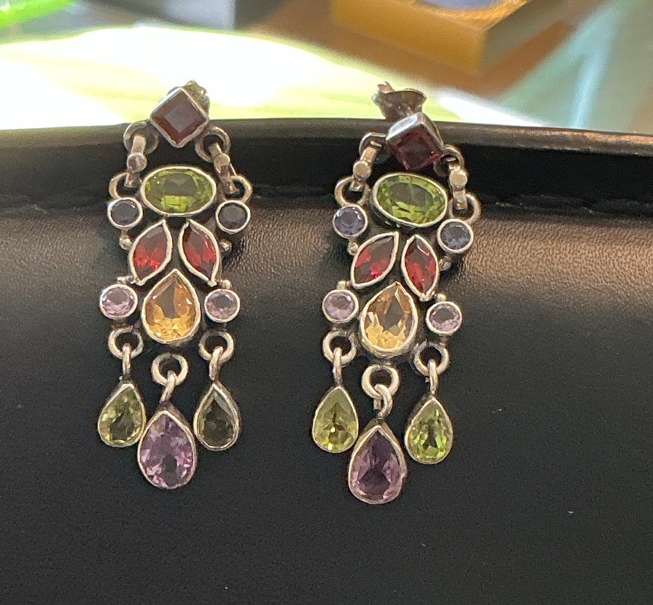 Sterling Silver 925 Necklace And Earrings W/Multi-Colored Stones