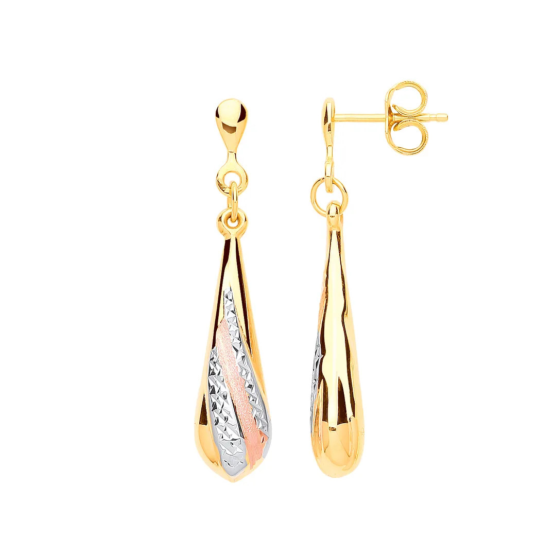 Drop Earrings 9ct Yellow Gold RG Satin Finish WG Ribbed Womens Jewellery