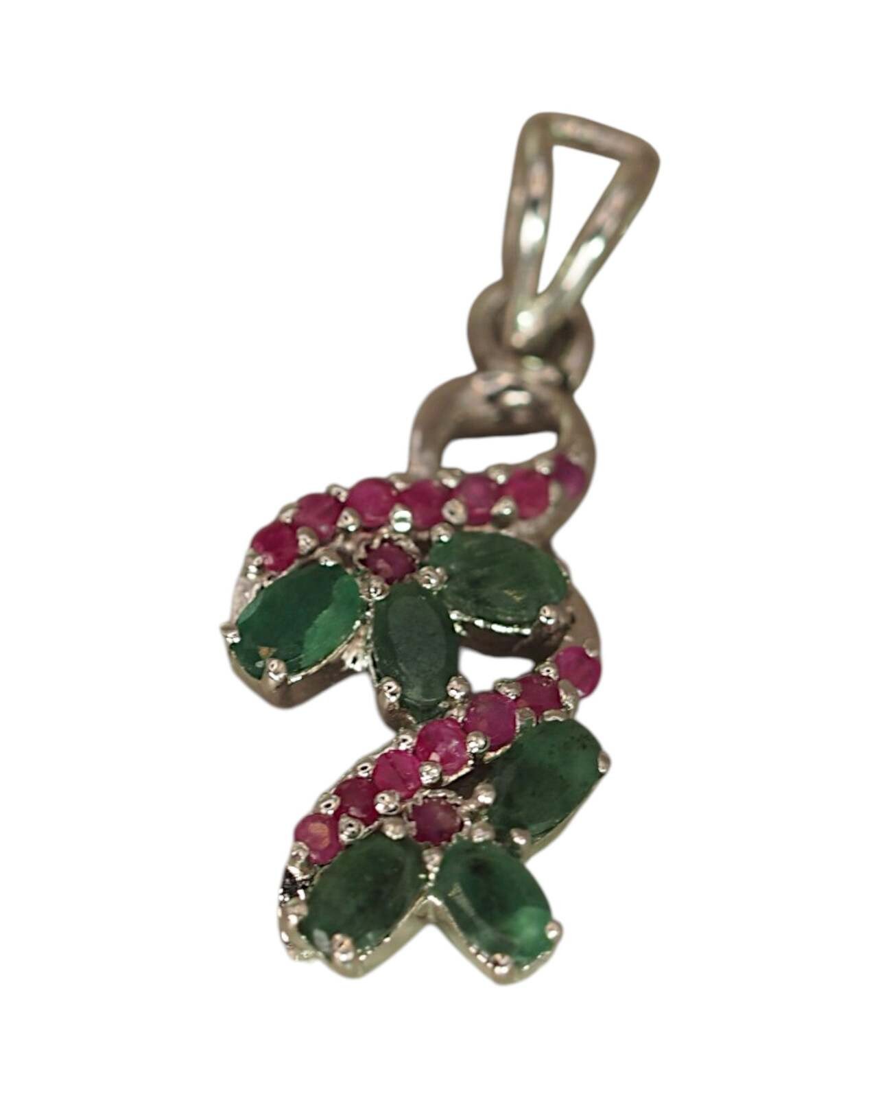 Sterling Silver Green & Red Gemstone Floral Vine Pendant