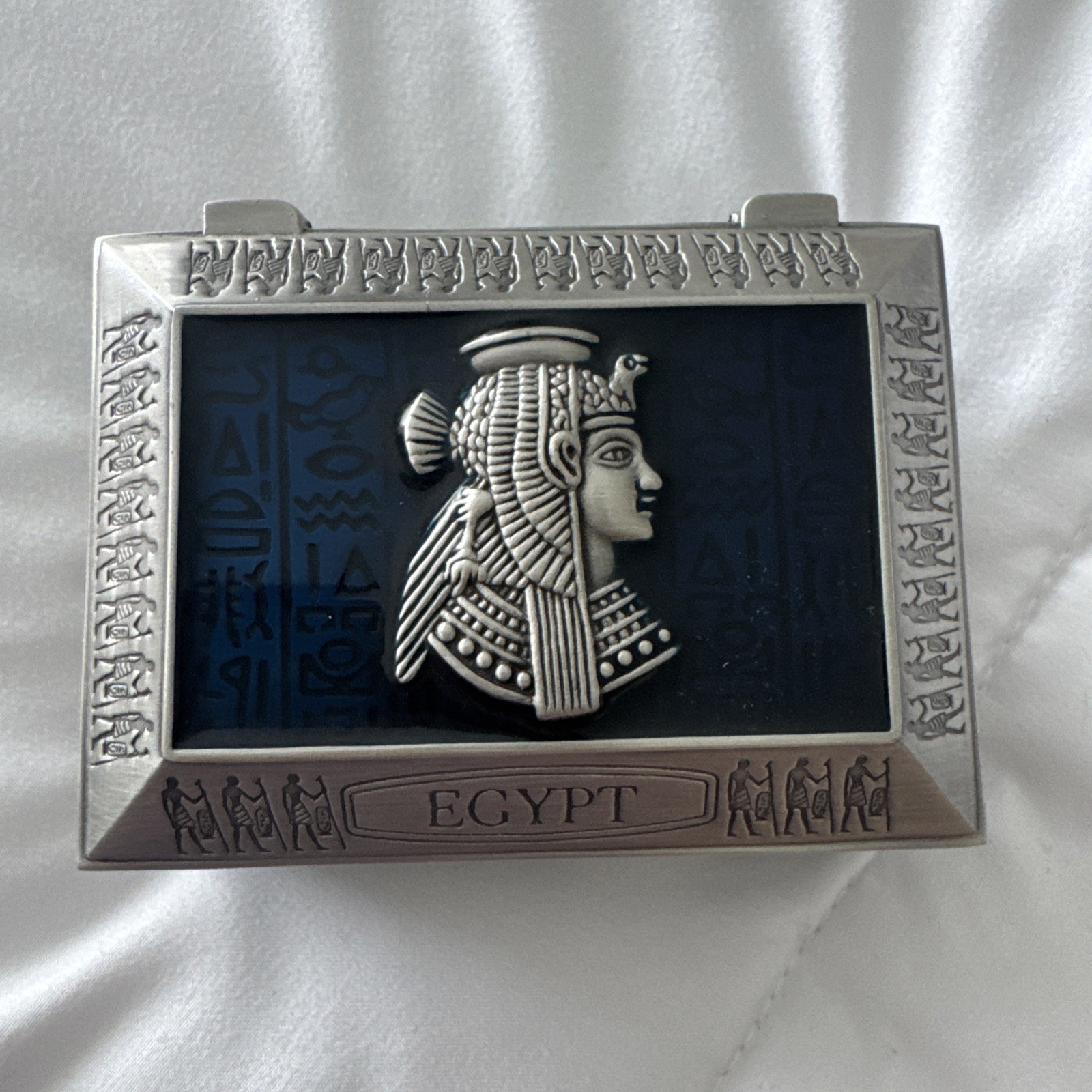 Unique Vintage Metal Pharaonic Hinged Jewelry Box, Engraved w Egypt Velvet Lined
