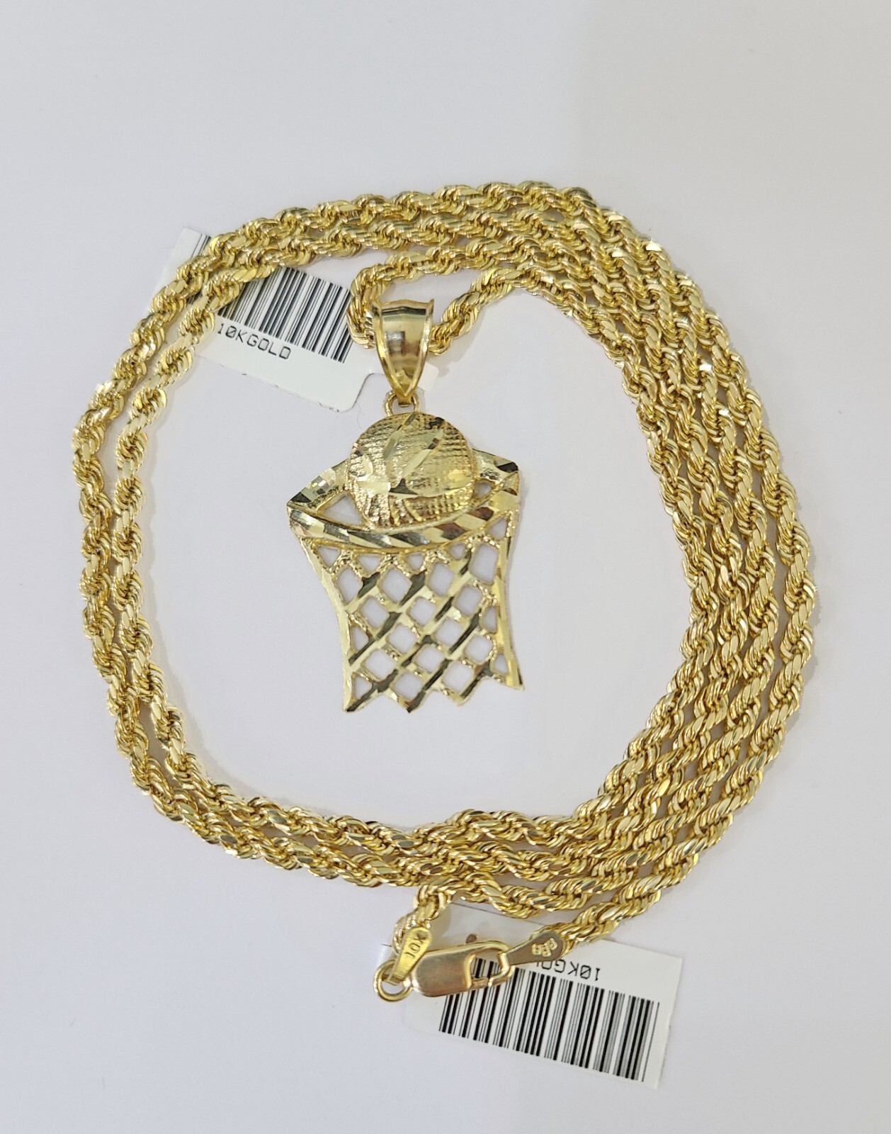 10k Gold Basketball Goal Pendant Rope Chain 3mm 18” Necklace Set Yellow Genuine
