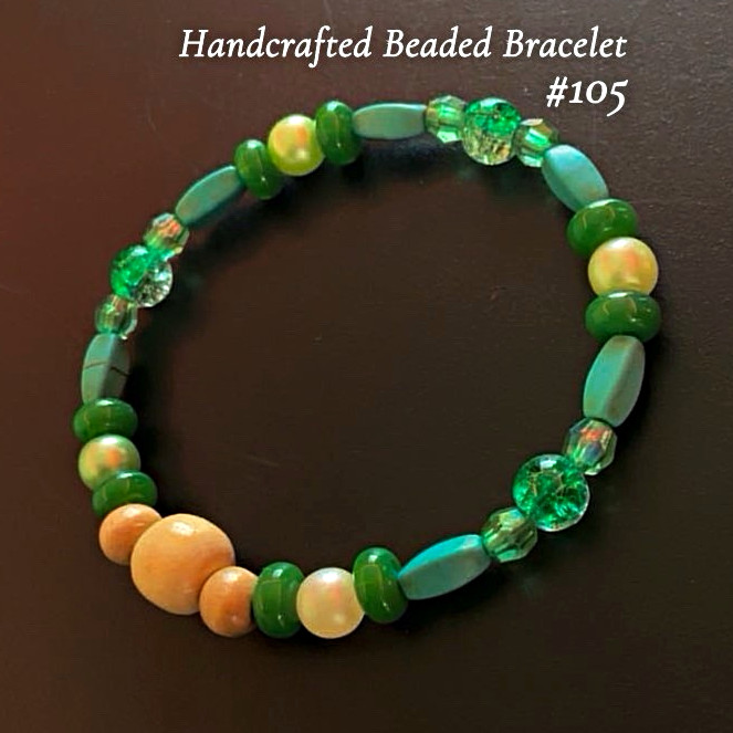 Handmade Green/Blue/Beige Glass & Plastic Beaded Bracelet Unisex #105