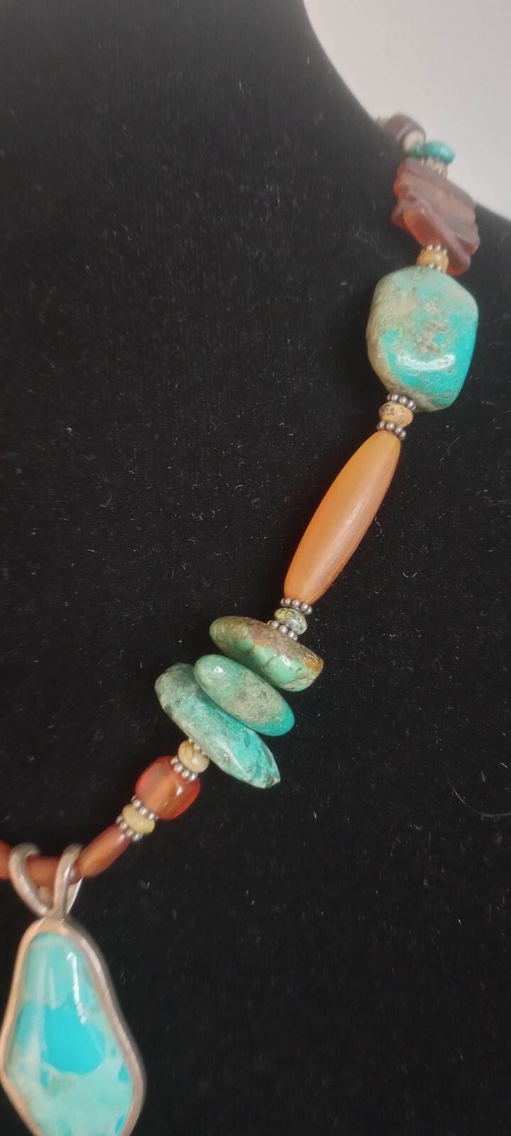 Signed BARSE .925 Sterling Silver Turquoise & Amber Necklace 52.55 Grams 18″ L