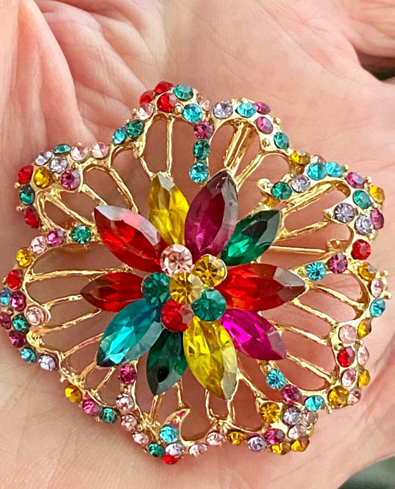 Multicolor Rhinestone Crystal Flower Brooch Pendant 1.95 inches