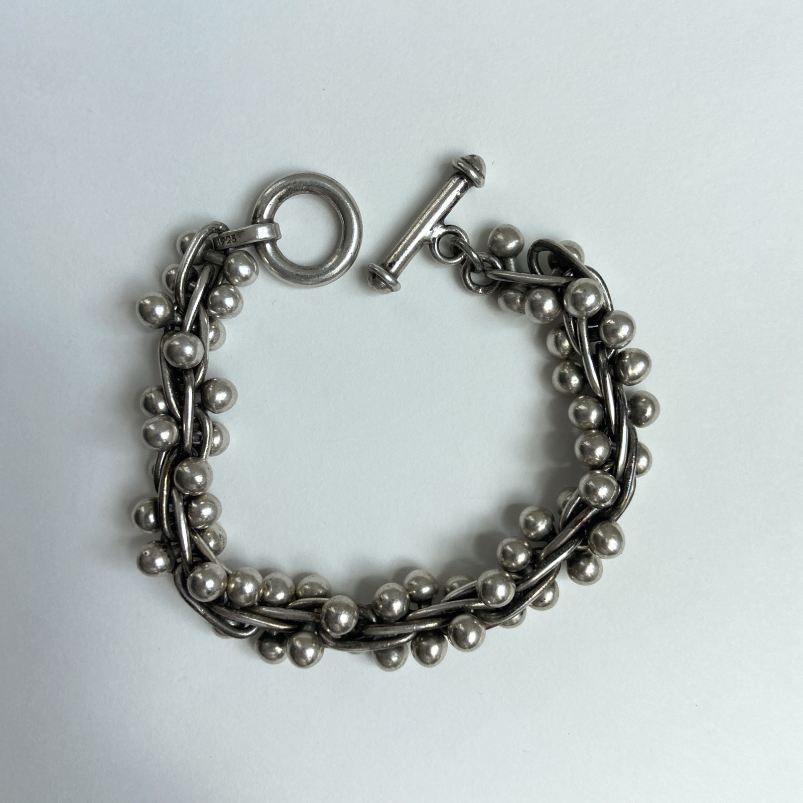 MEXICO 925 Sterling Silver Ball Link Bracelet Toggle Clasp 71.2g Vintage DNA