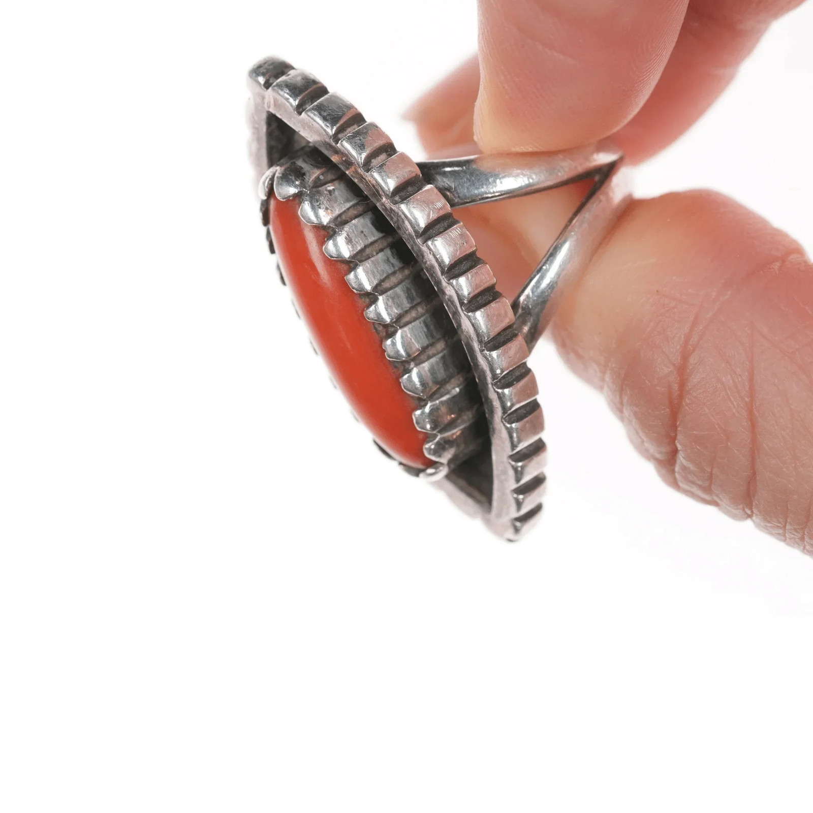 sz6 Mitchell Calabaza Kewa sterling silver ring with Mediterranean red coral