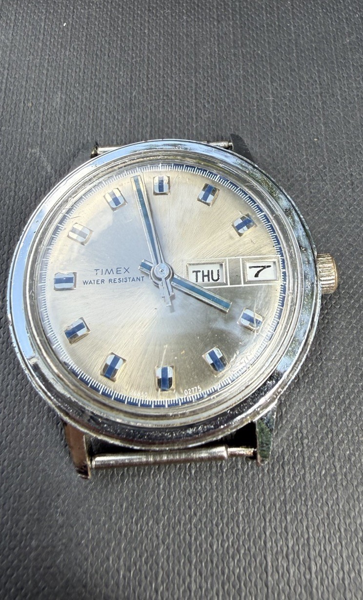 Vintage Timex Day Date Manual Wind Watch 26850 02775 Silver Tone Great Britain