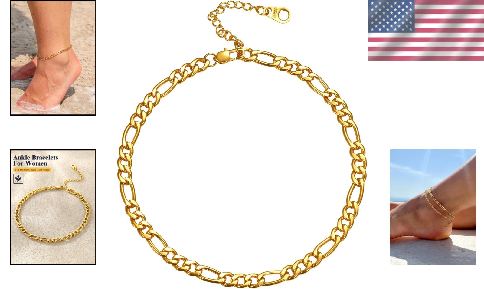 Classic Stainless Steel Figaro Chain Anklet – Adjustable & Hypoallergenic