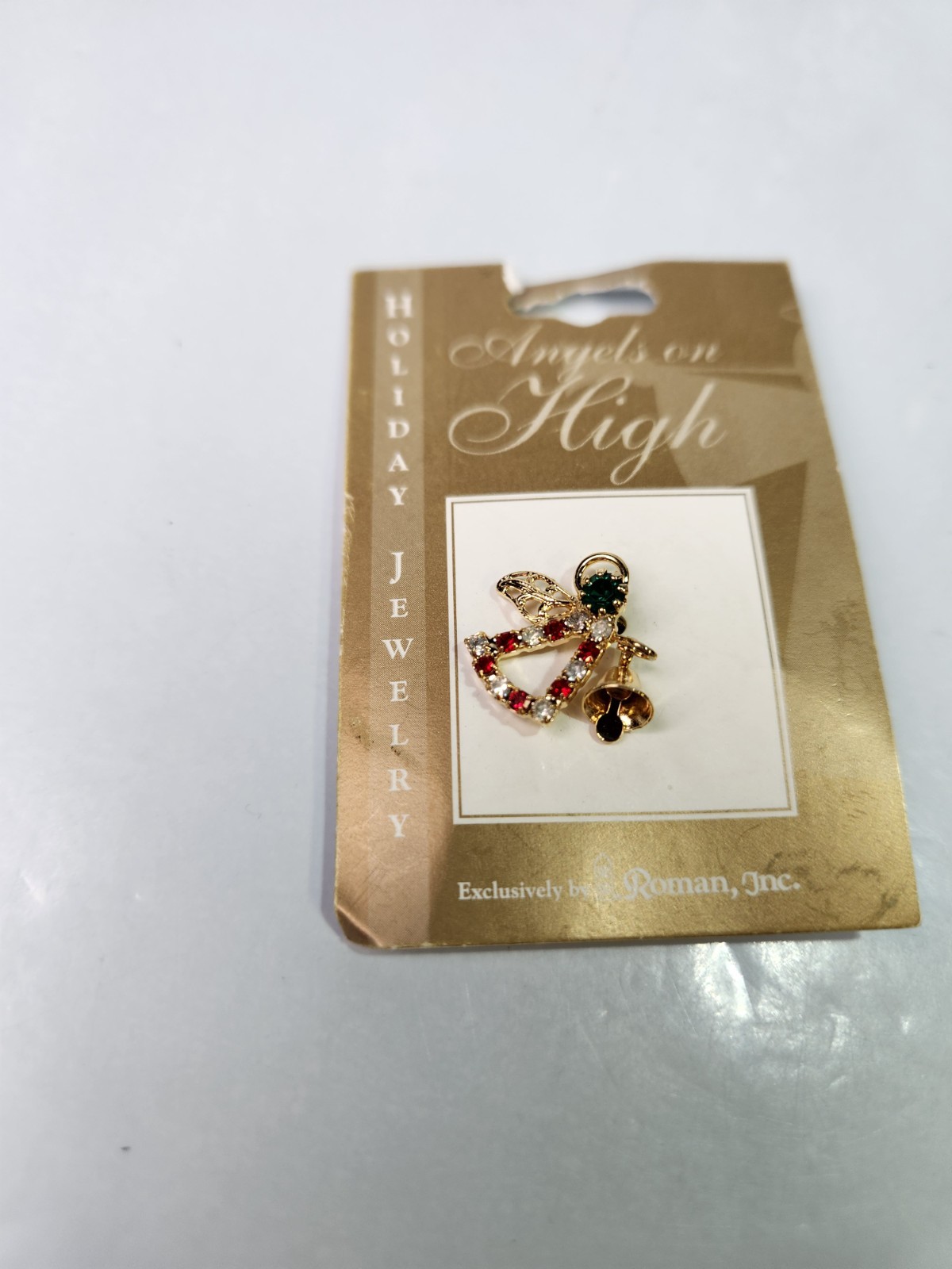 Christmas Pin Angels On High by Roman, Inc Gold Tone Red And Clear Crystals 2001