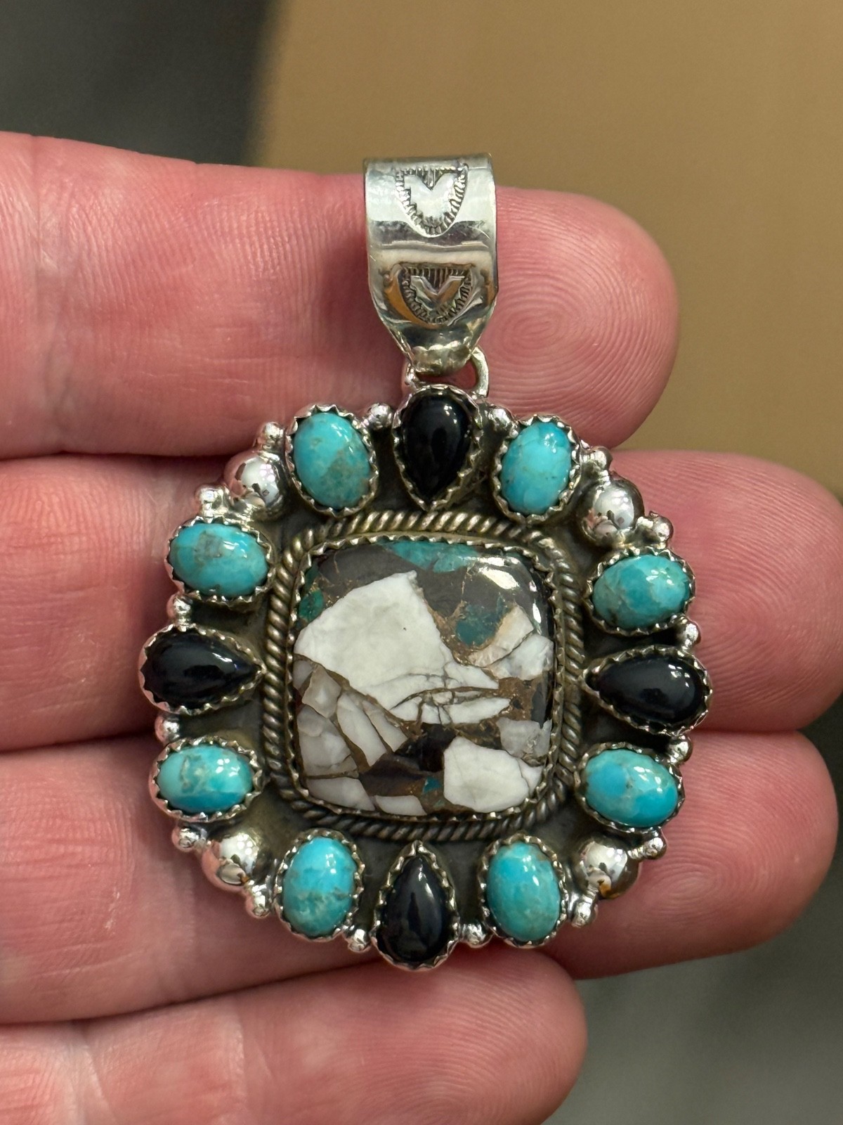 STERLING SILVER TURQUOISE WHITE BUFFALO MIX ONYX BIG CLUSTER DOME PENDANT .925