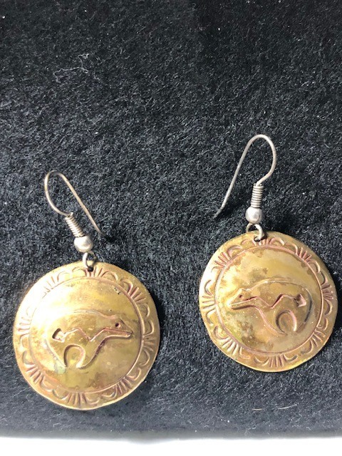 Native American dangle earrings with bear motif with Maker’s Mark ER