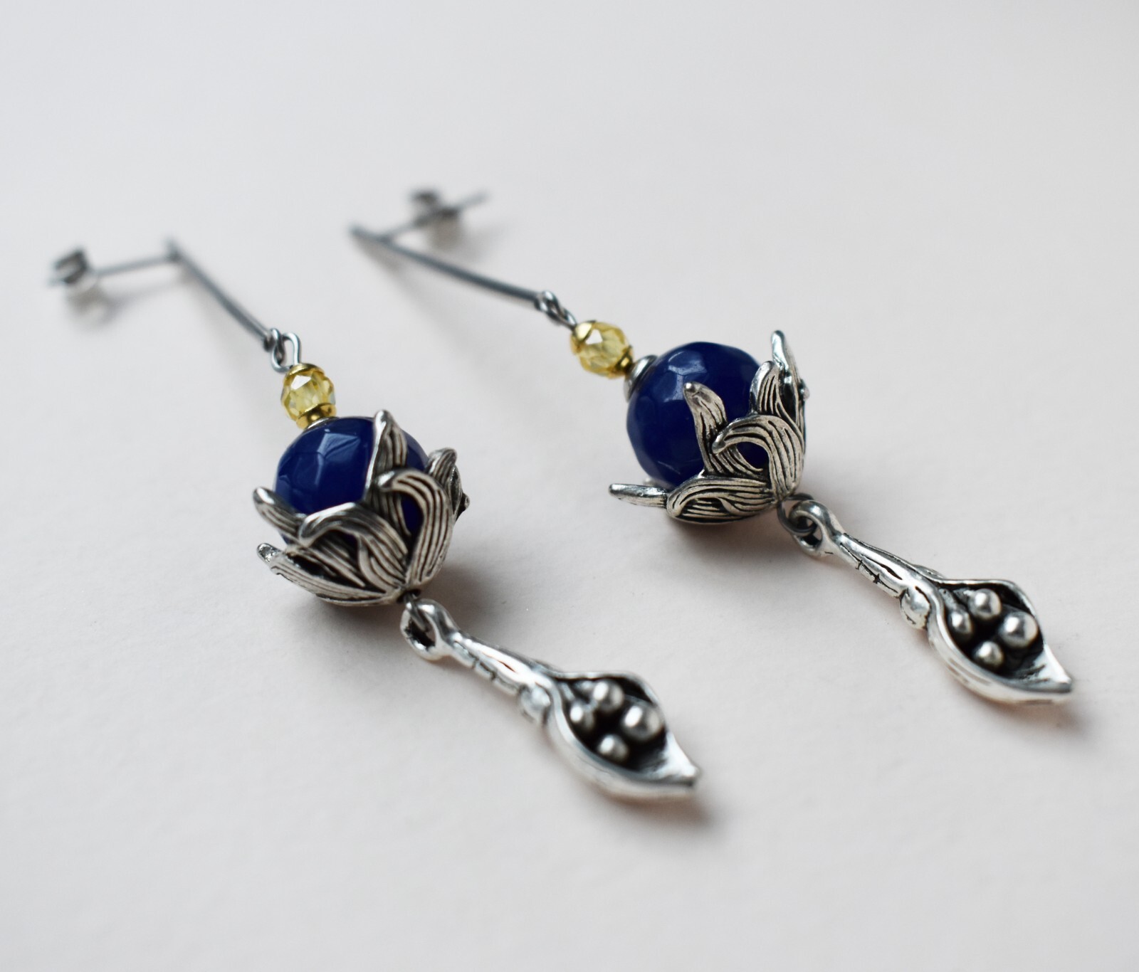 Long massive earrings silver tone, unusual floral dangles
