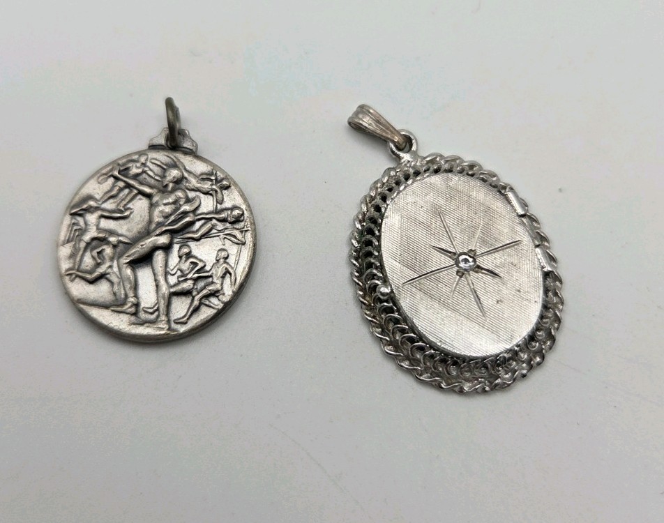 2 Silver Toned Pendants Olympic and One A Locket Vintage Jewelry