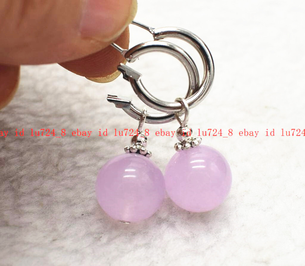 Genuine 8/10/12mm Light Purple Jade Round Gemstone Beads Leveback Earrings