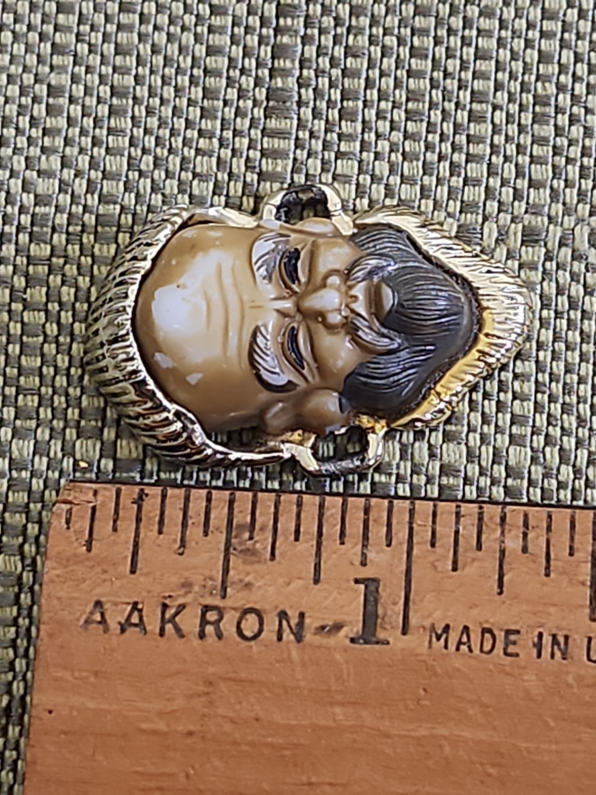 Vintage Resin 1 of 7 Japanese God Face Bracelet Link on Gold Tone Metal Base