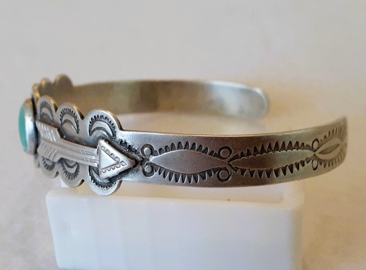 Vintage Fred Harvey Era Navajo Coin Silver Turquoise Stone Cuff Bracelet Stamped
