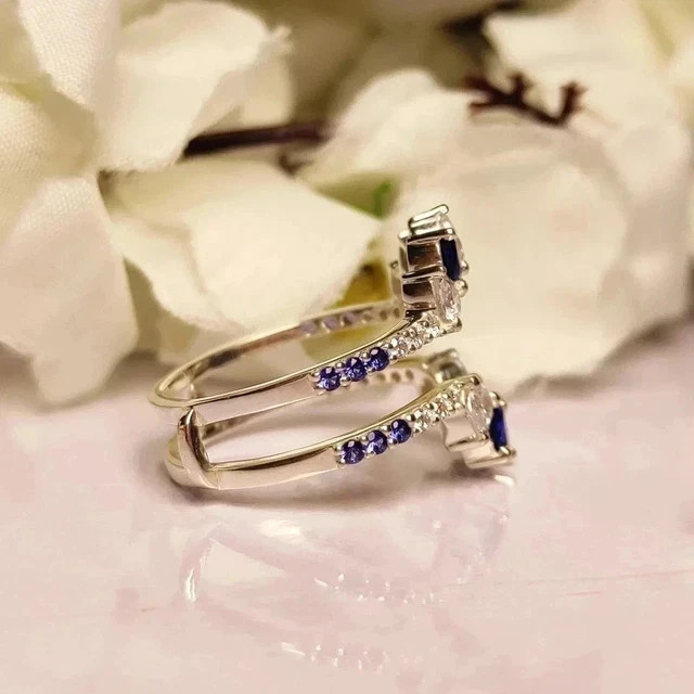Pear Cut Lab Created Blue Sapphire Wrap Guard Band Ring 14k White Gold Plated