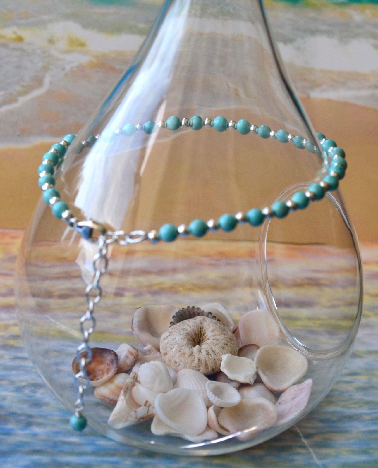 4mm Turquoise Bead and 3mm Sterling Silver Bead Ankle Bracelet 9 to 11 Inches