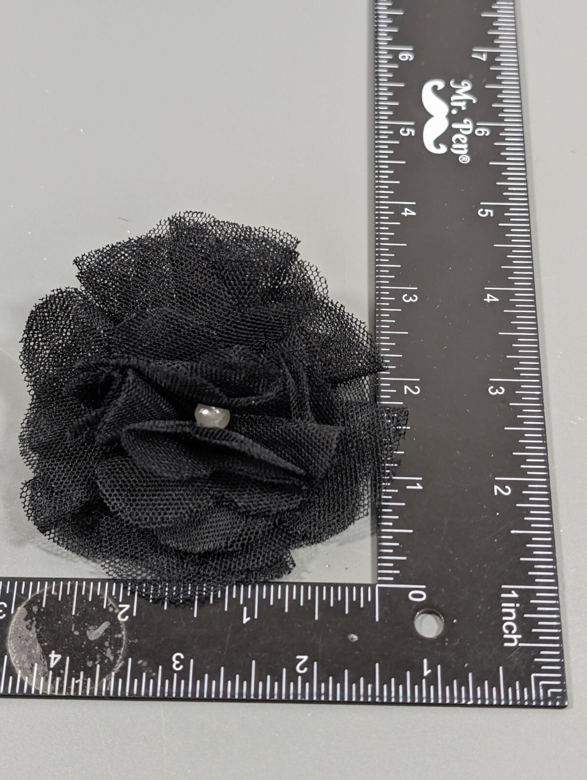 Vintage 90s Y2K Retro Black Lace Rosette Flower Chiffon Faux Pearl Pin Fabric