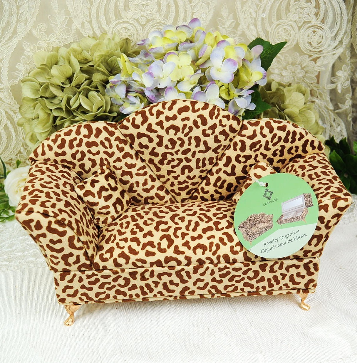 NWT CONCEPTS ANIMAL PRINT SMALL COUCH JEWELRY BOX WITH GOLD FOOTED FEET