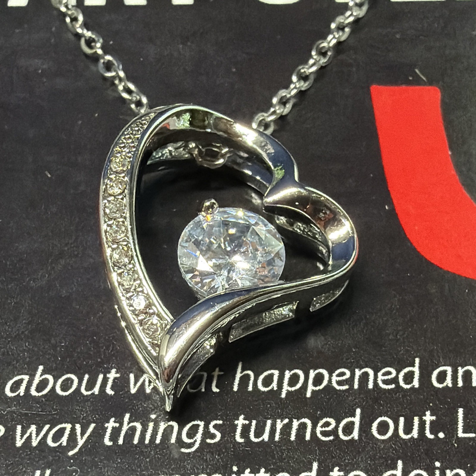 Silver Tone Clear Crystal Heart Charm Pendant Necklace Cable Chain
