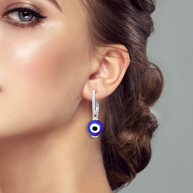 Earring with Nazar Boncuk Pendant Turkish Eye Blue 925 Sterling Silver Women