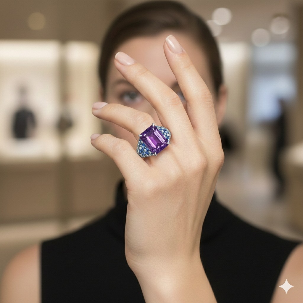 925 Sterling Silver African Amethyst Ring Emerald Cut Stone with Blue & White CZ