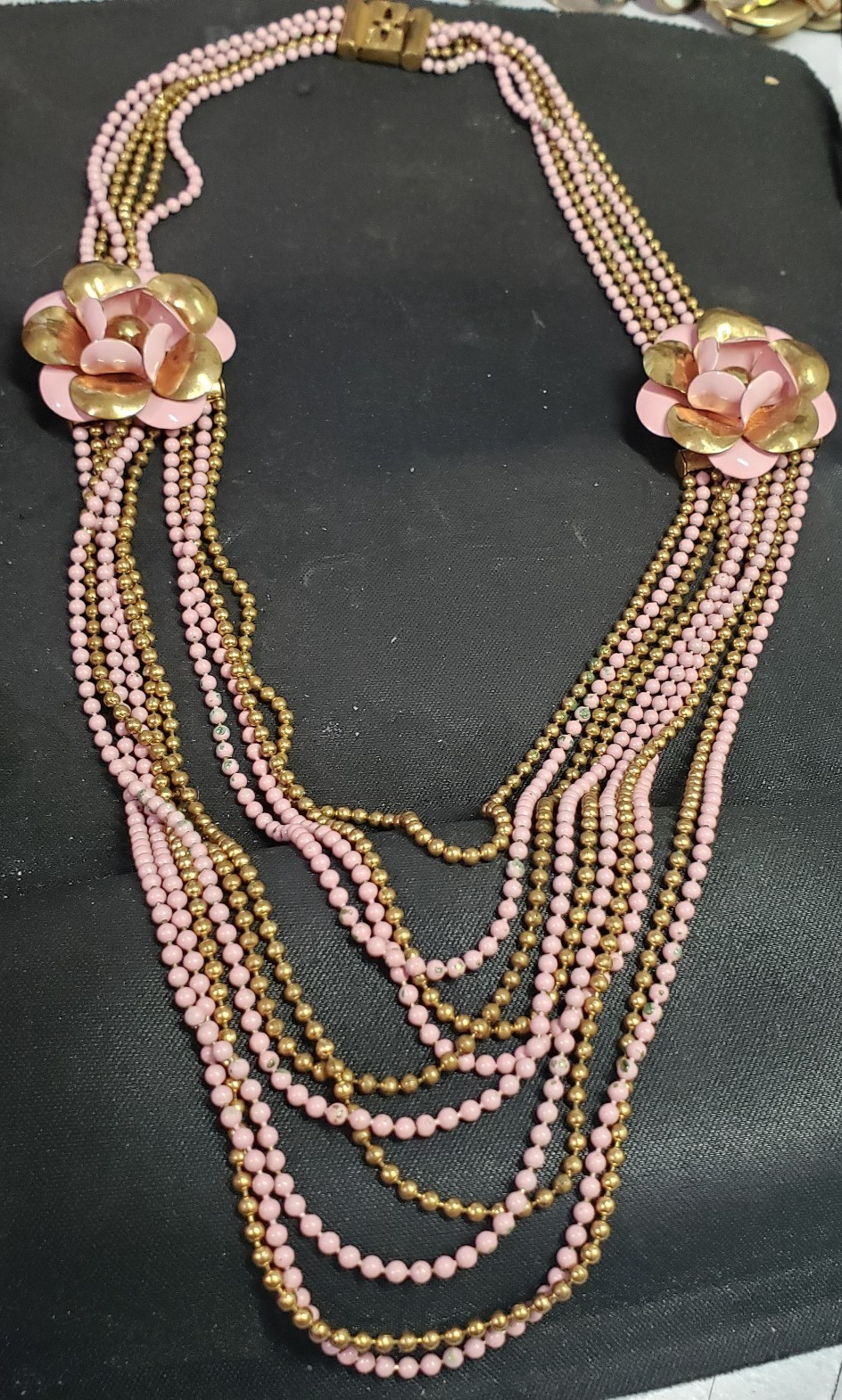 Art Deco Brass Ball Chain Pink Flower Multi Strand Draped Necklace 1930’s 1940s