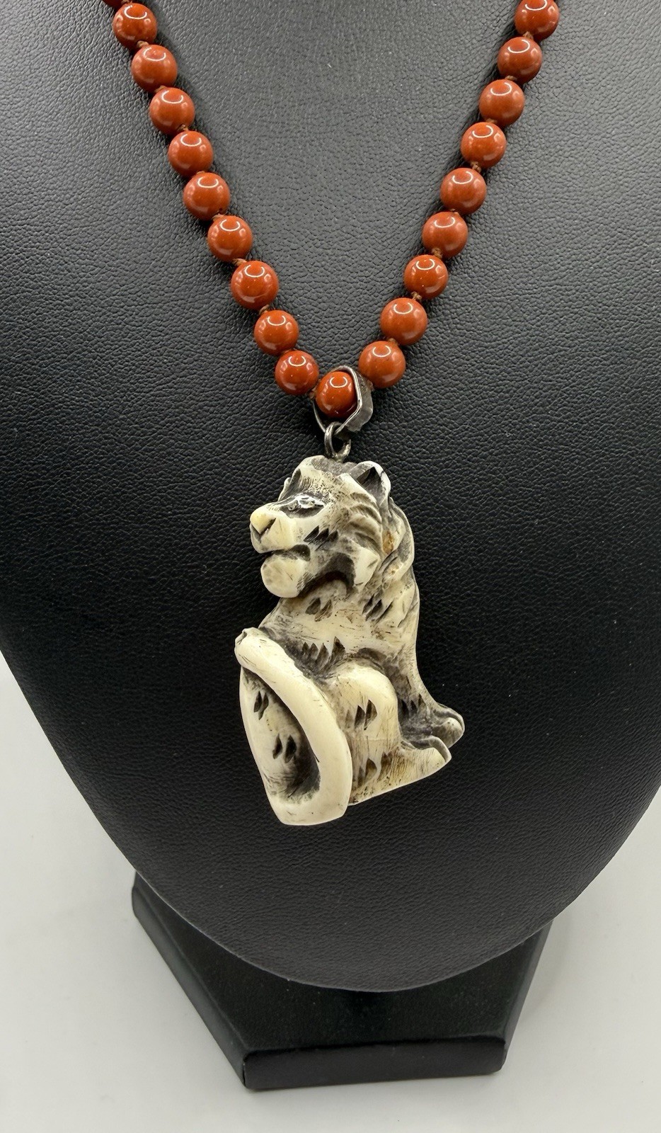 JKa Signed Jasper Necklace With Carved Tiger Netsuke Pendant Vintage Sterling