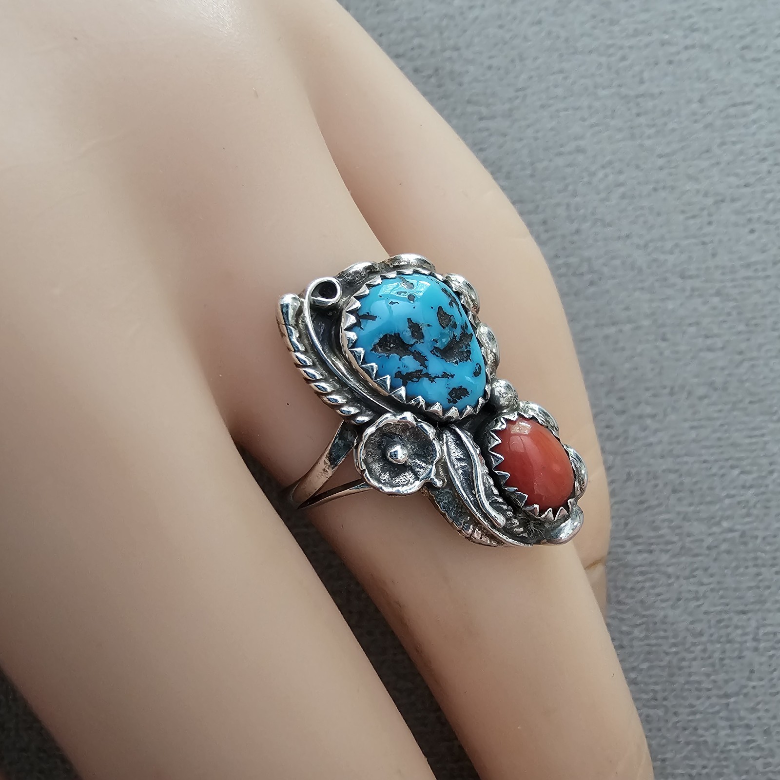 Signed Navajo Ring SC Sharon Cisco Turquoise Coral size 5.5