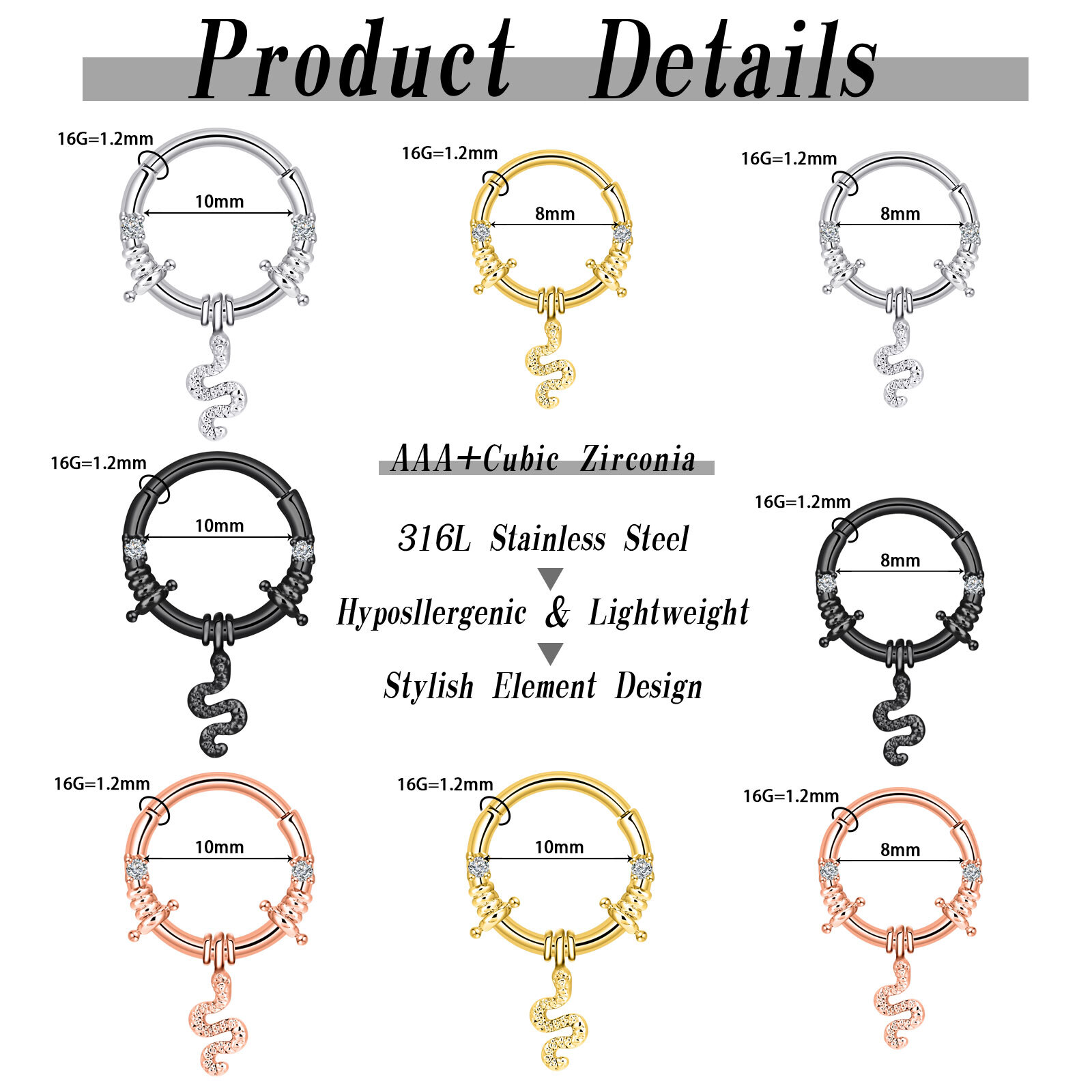 16G Septum Clicker Segment Hinged Nose Ring Lip Ear Cartilage Daith 8MM/10MM-ONE