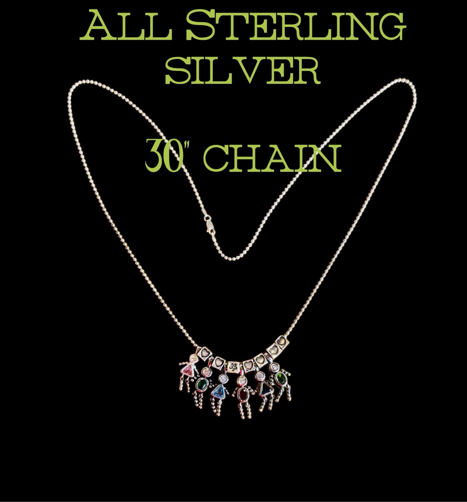 6 Sterling Silver 925 Birthstone Babies Children Charms 7 Spacers 30” Necklace