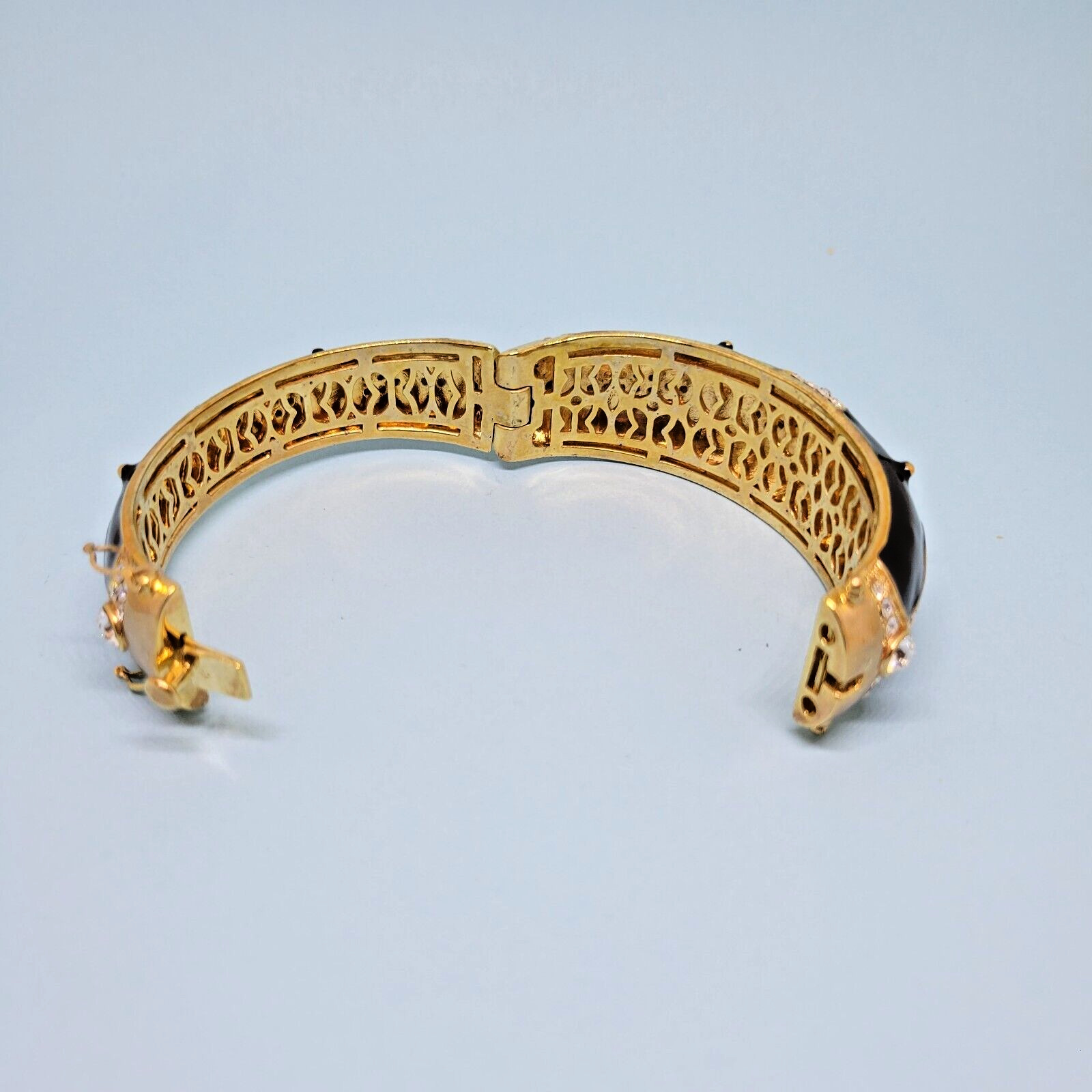 Joan Boyce Gold Tone Black Enamel Crystal Maltese Cross Hinged Bangle Bracelet
