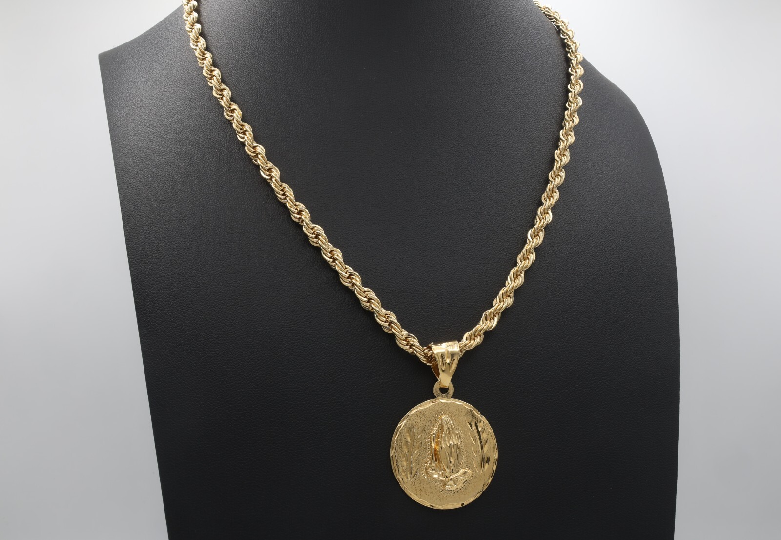 Gold Praying Hands Necklace, 5mm French Rope Chain, 14k Heavy Plated Gold