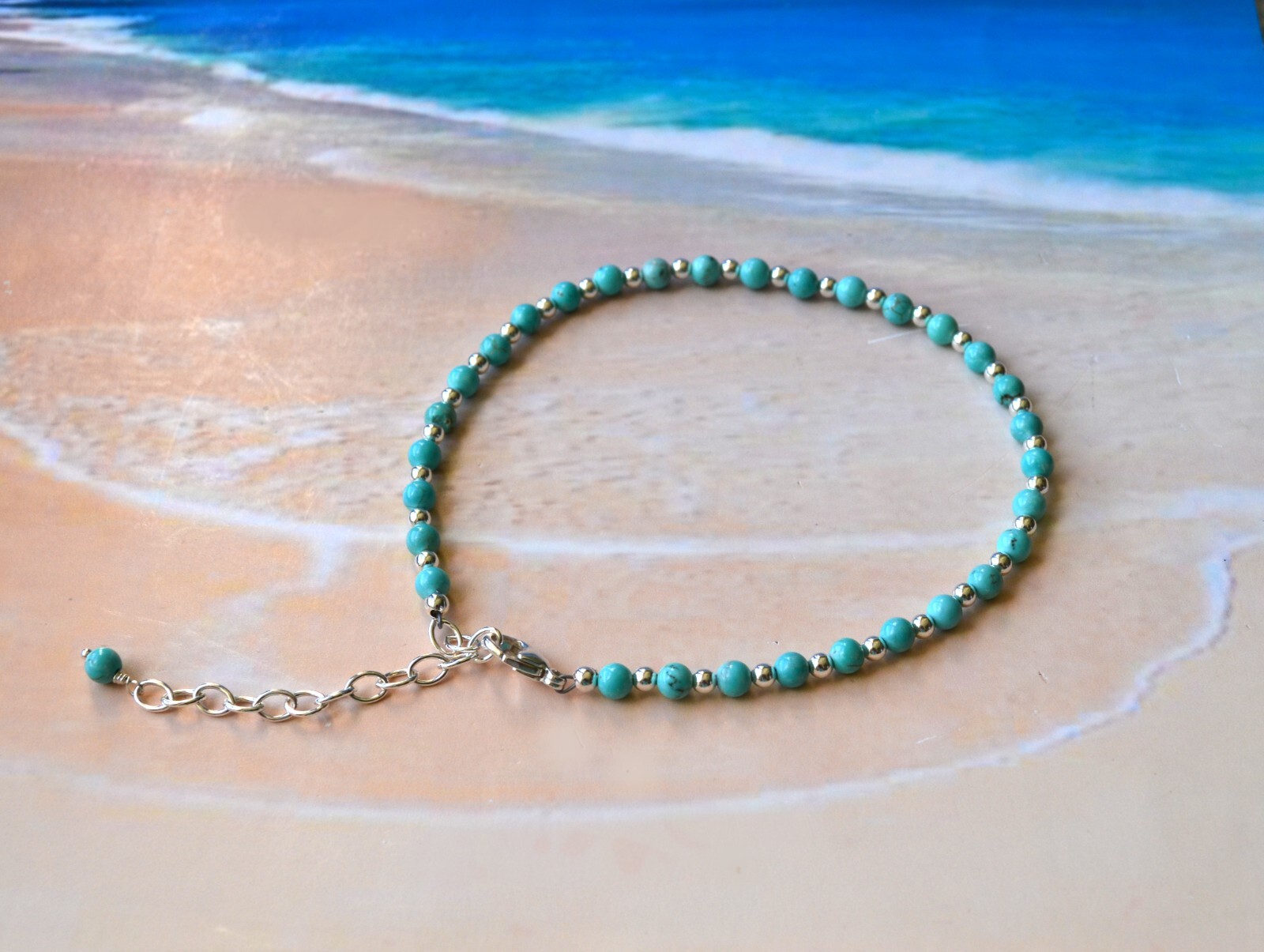4mm Turquoise Bead and 3mm Sterling Silver Bead Ankle Bracelet 9 to 11 Inches