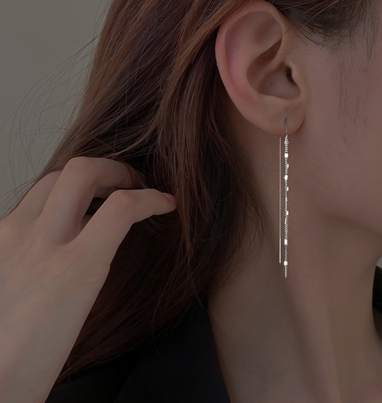2Pcs 925 Silver Plated Threader Earrings Dainty Chain Tassel Drop Earrings TH1