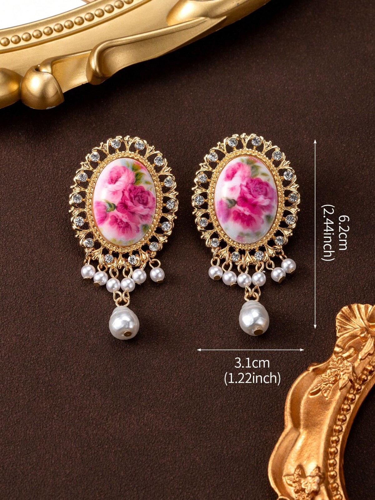 Vintage Floral Cameo Pearl Dangle Earrings Gold Rhinestone Statement Jewelry