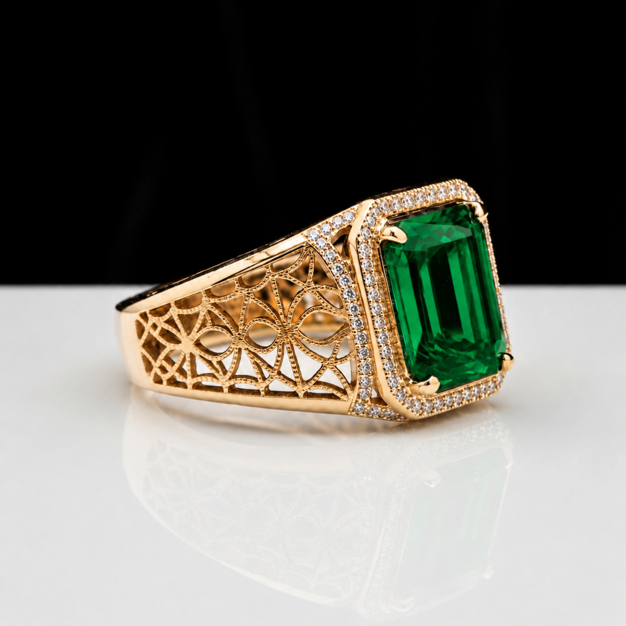 Emerald Gemstone Men’s Ring 10x12mm Emerald Cut 925 Sterling Silver Gold Plated