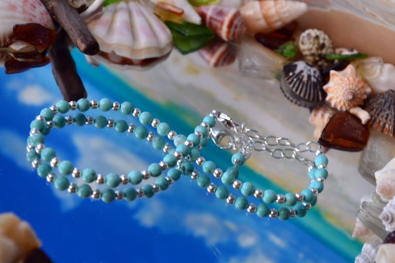 4mm Turquoise Bead and 3mm Sterling Silver Bead Ankle Bracelet 9 to 11 Inches