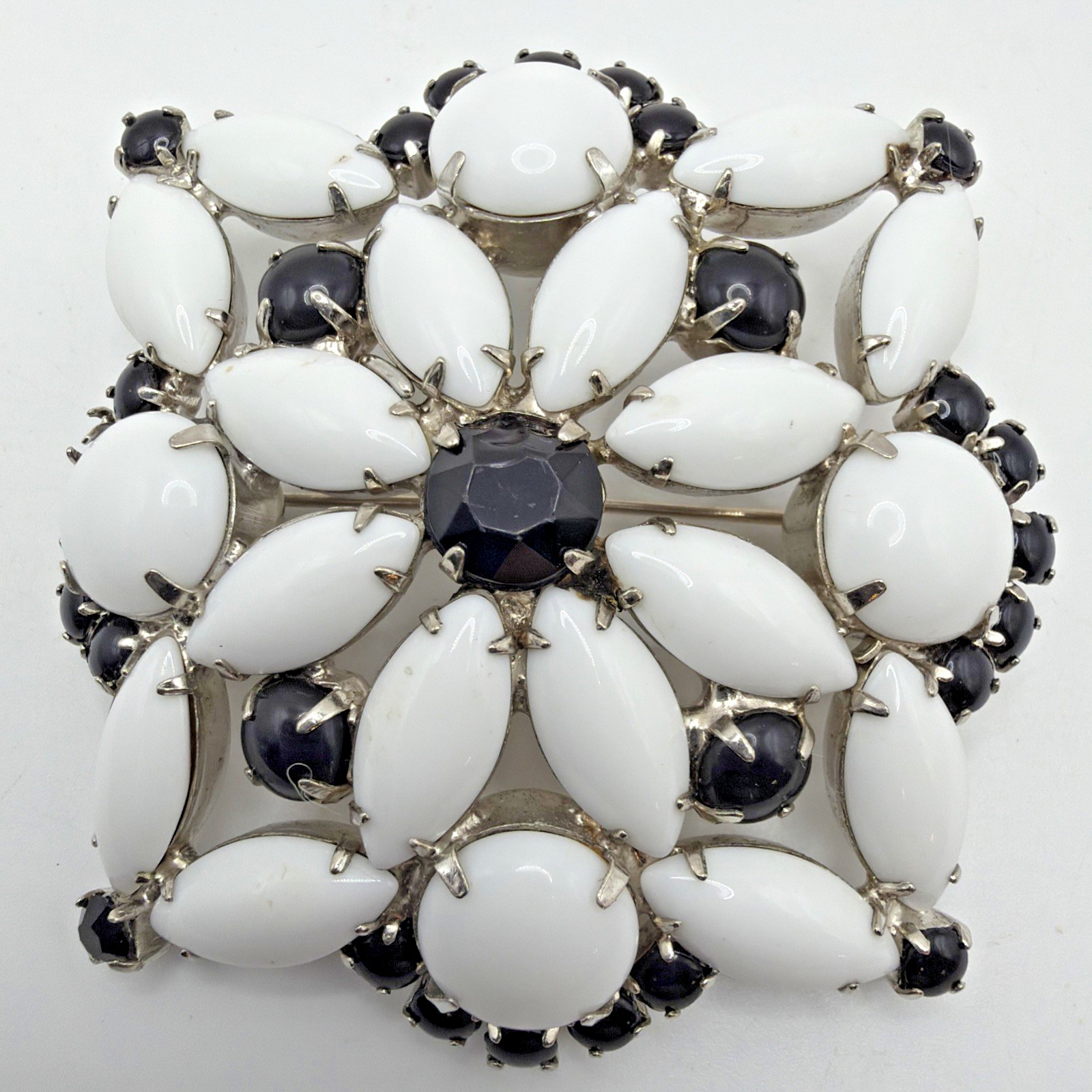 Vintage Brooch Milk Glass & Jet Black Rhinestones Silver Toned