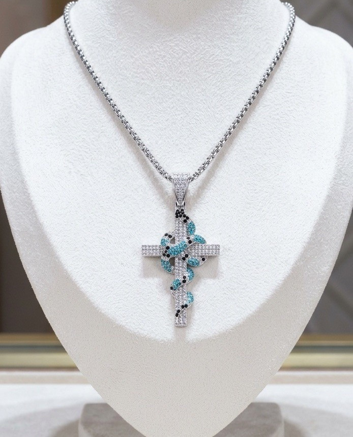 Silver-Tone Pavé Rhinestone Cross Pendant Chain Necklace with Blue Accents