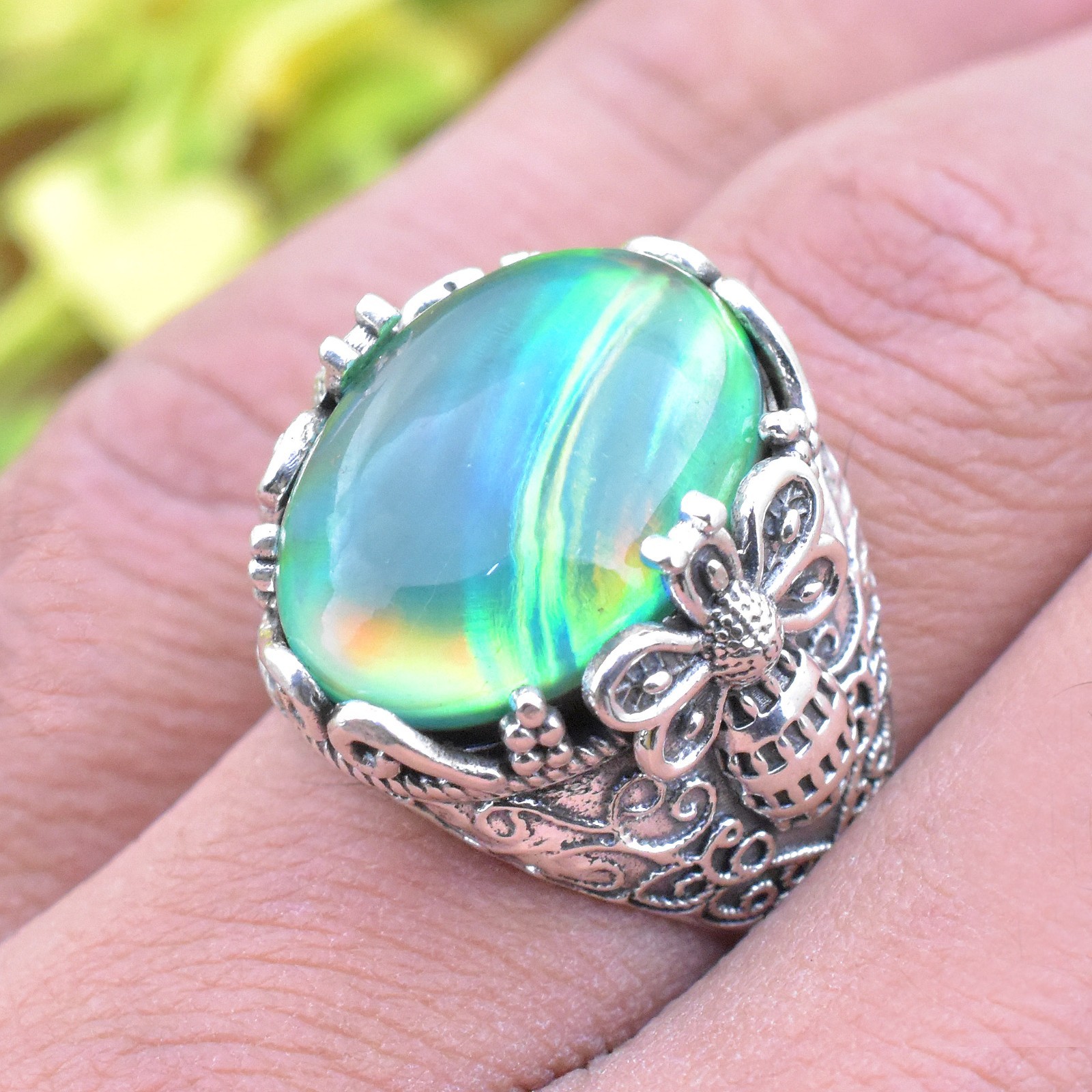 Aurora Opal Ring, Honey Bee Designer Ring, Opal Cabochon Statement Ring